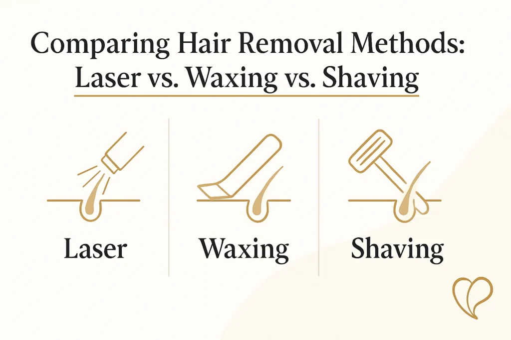 Hair removal comparison table showing differences between laser, waxing, and shaving with a CTA from Vega Medical Center Dubai