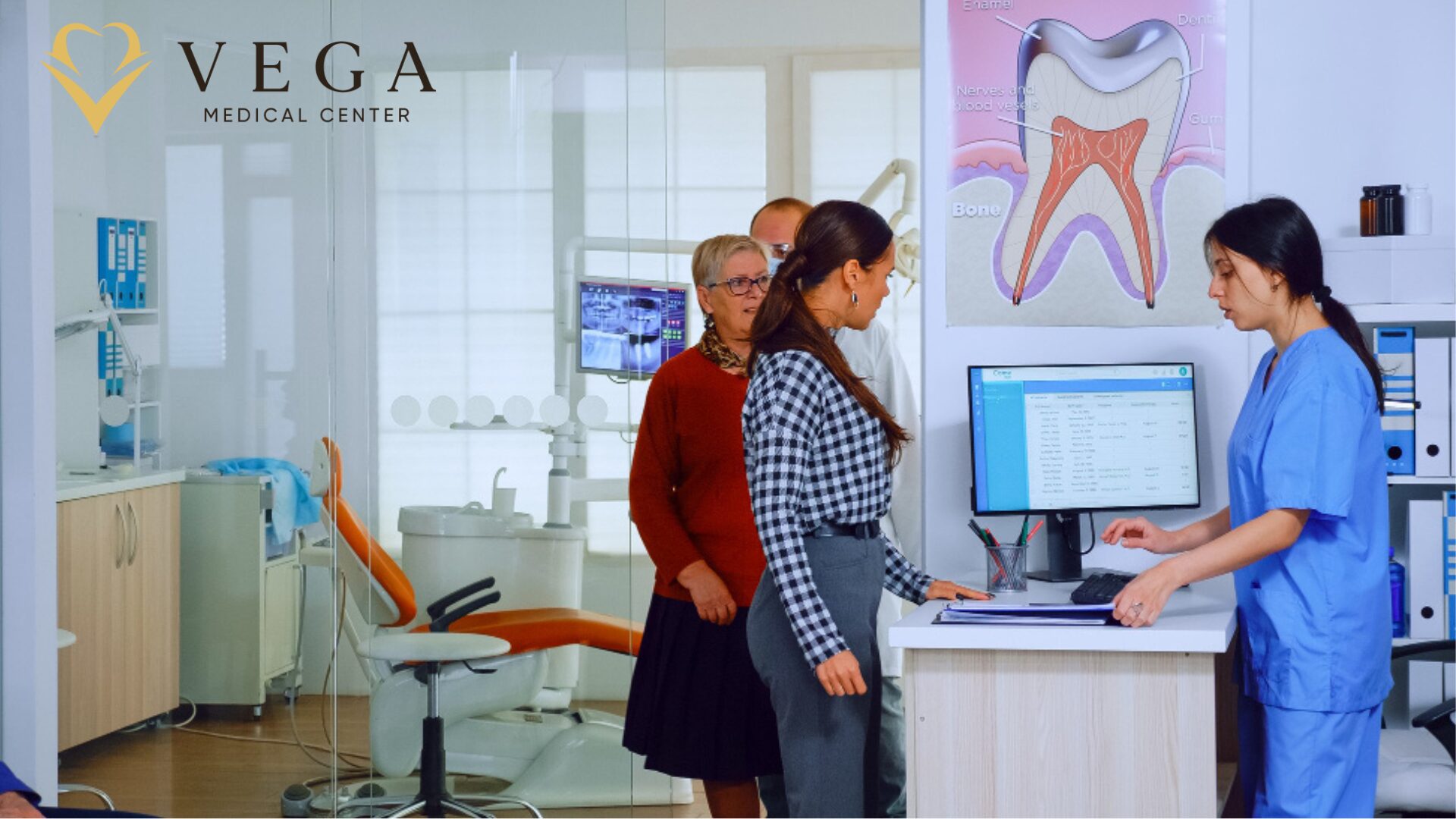 Dentist reviewing a patient's case at VEGA Medical Center before planning a tooth extraction