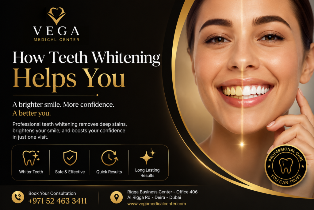 Patient smiling after professional Philips Zoom teeth whitening treatment at Vega Medical Center Dubai.