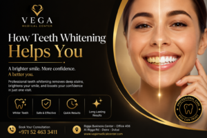 Patient smiling after professional Philips Zoom teeth whitening treatment at Vega Medical Center Dubai.