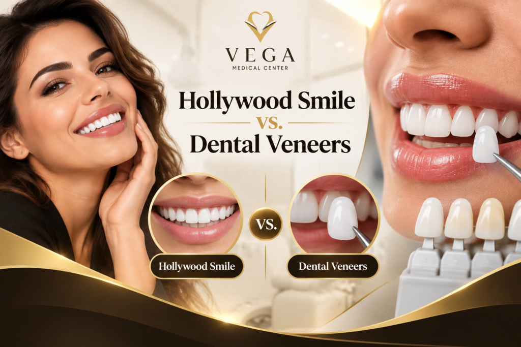 Hollywood Smile vs Dental Veneers comparison at VEGA Medical Center, Al Rigga, Dubai